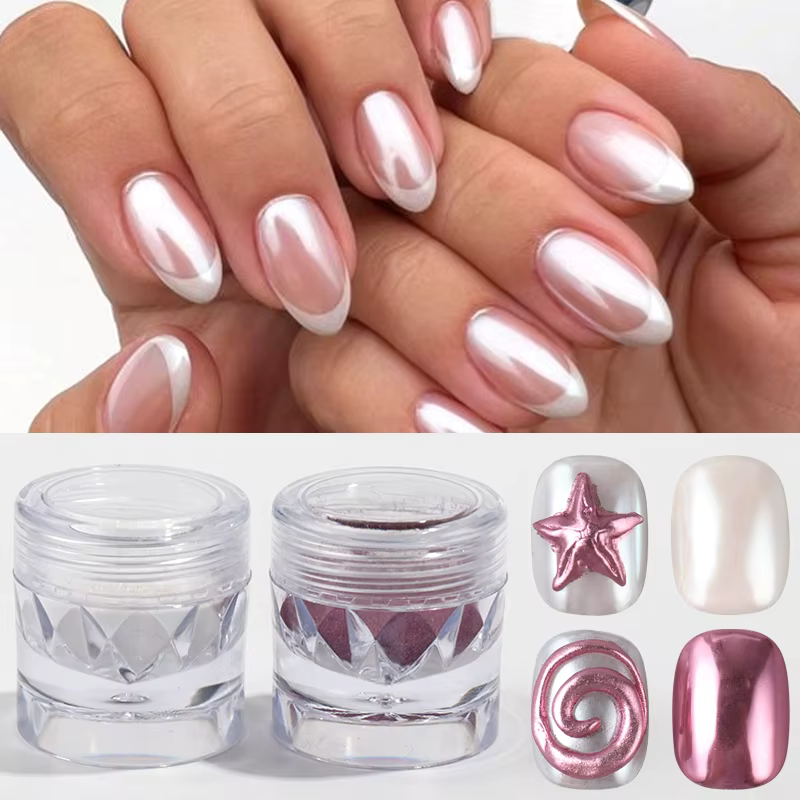 2 boîtes de poudre à ongles rose et blanche chromée, effet miroir métallique, paillettes de lune, ef