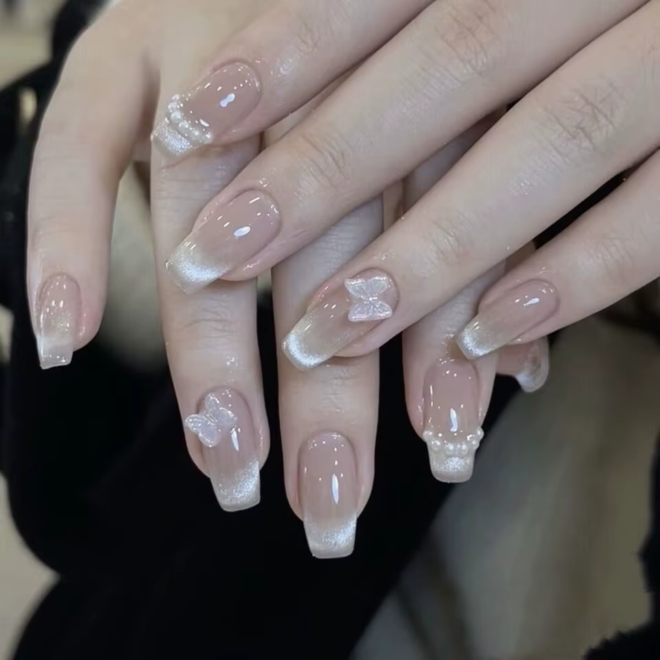 10 pièces de faux ongles à presser papillon rose, effet œil de chat, blush, faits à la main, pour fe