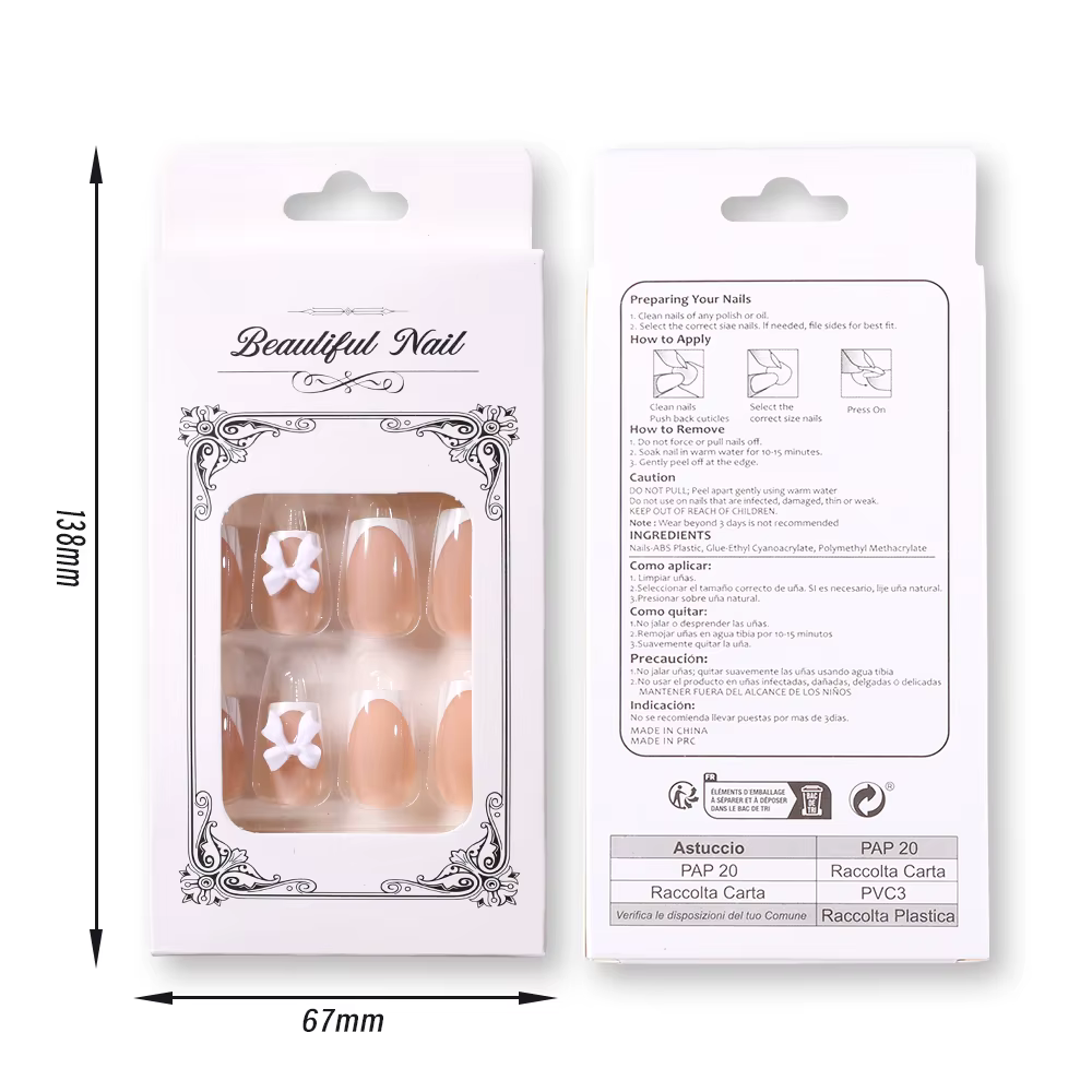 24 pièces blanc français presse sur ongles 3D arc conception couverture complète portable faux ongle