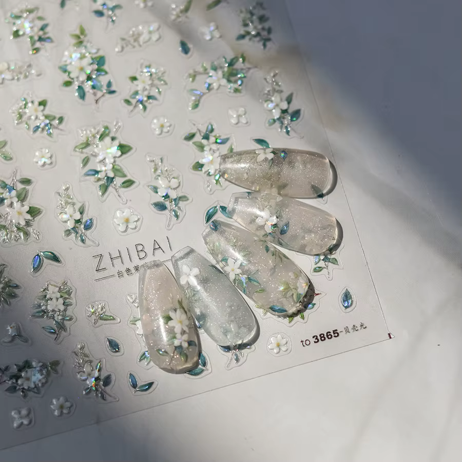 Autocollants pour ongles fleur de jasmin à paillettes 5D, 1 pièce, fleur en relief Kawaii, décoratio
