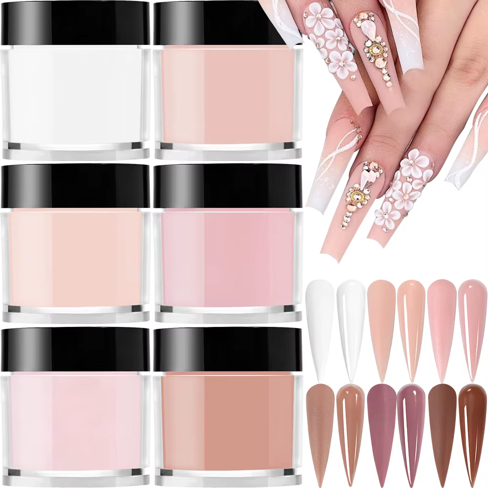 Poudre acrylique professionnelle, 6 couleurs/ensemble, rose clair, blanc, Nude, polymère pour Extens