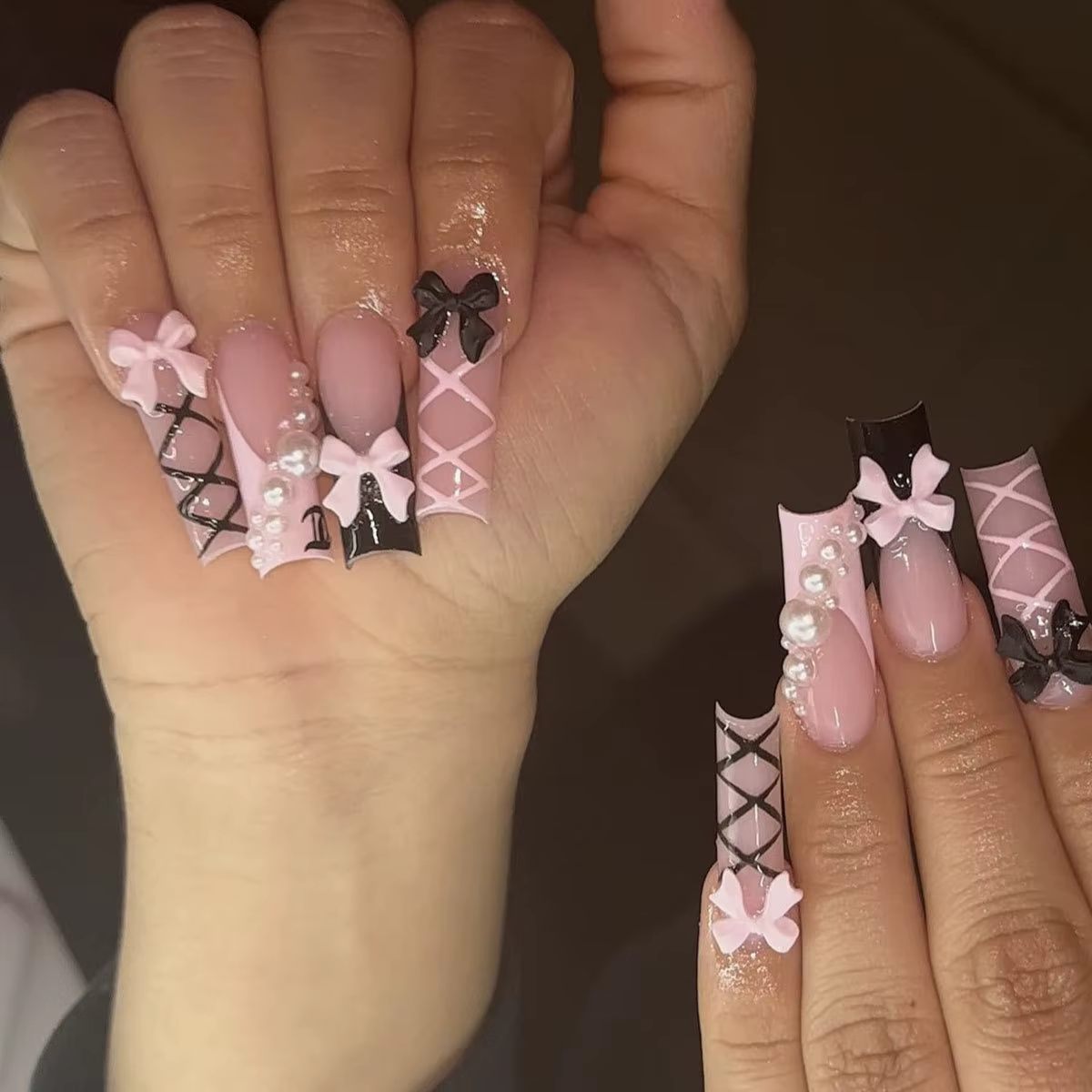Faux ongles à bordure française dorée, longs cercueil, avec strass, ballerine, couverture complète,
