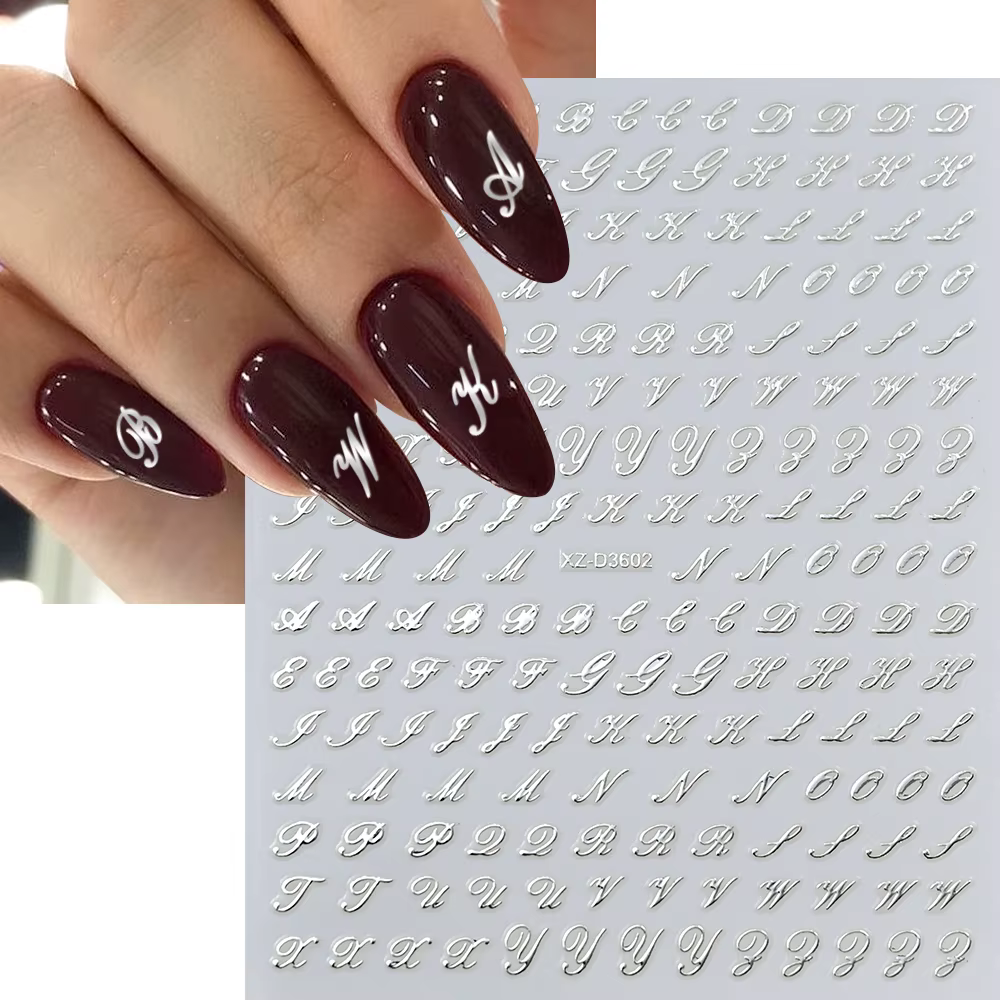 Autocollants pour ongles avec lettres romaines 3D, 1 pièce, or/argent/noir/Laser Alphabet, décalcoma