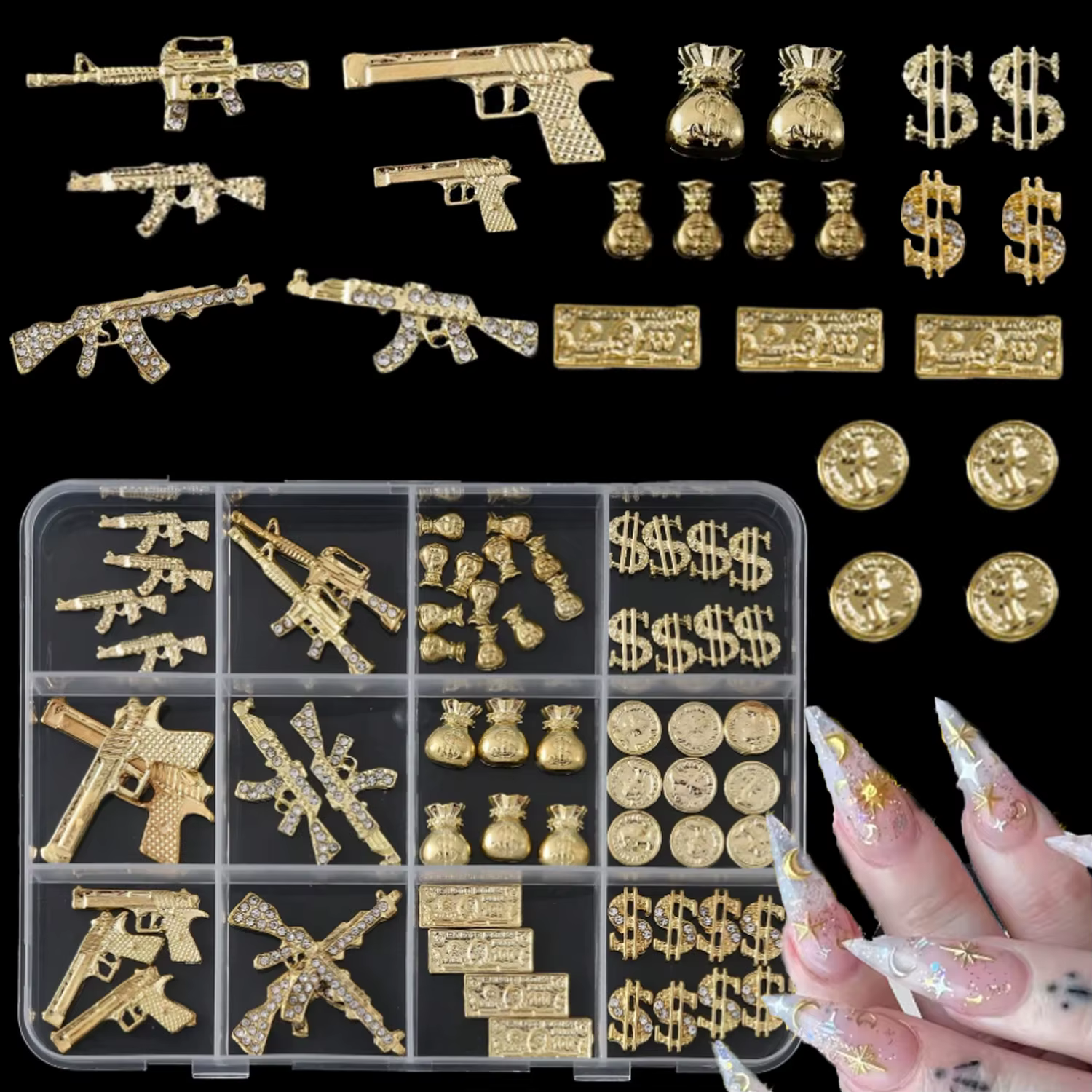 Accessoires professionnels pour ongles en alliage métallique Y2K, 12 grilles, petit signe d'argent d