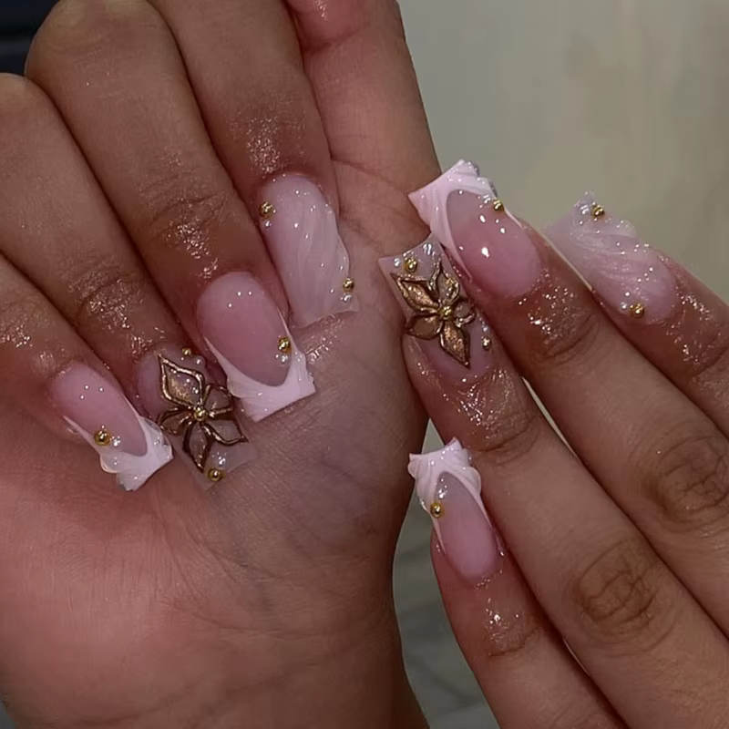 Faux ongles carrés moyens avec colle, 24 pièces, fleurs roses Blush, couverture complète, acrylique 
