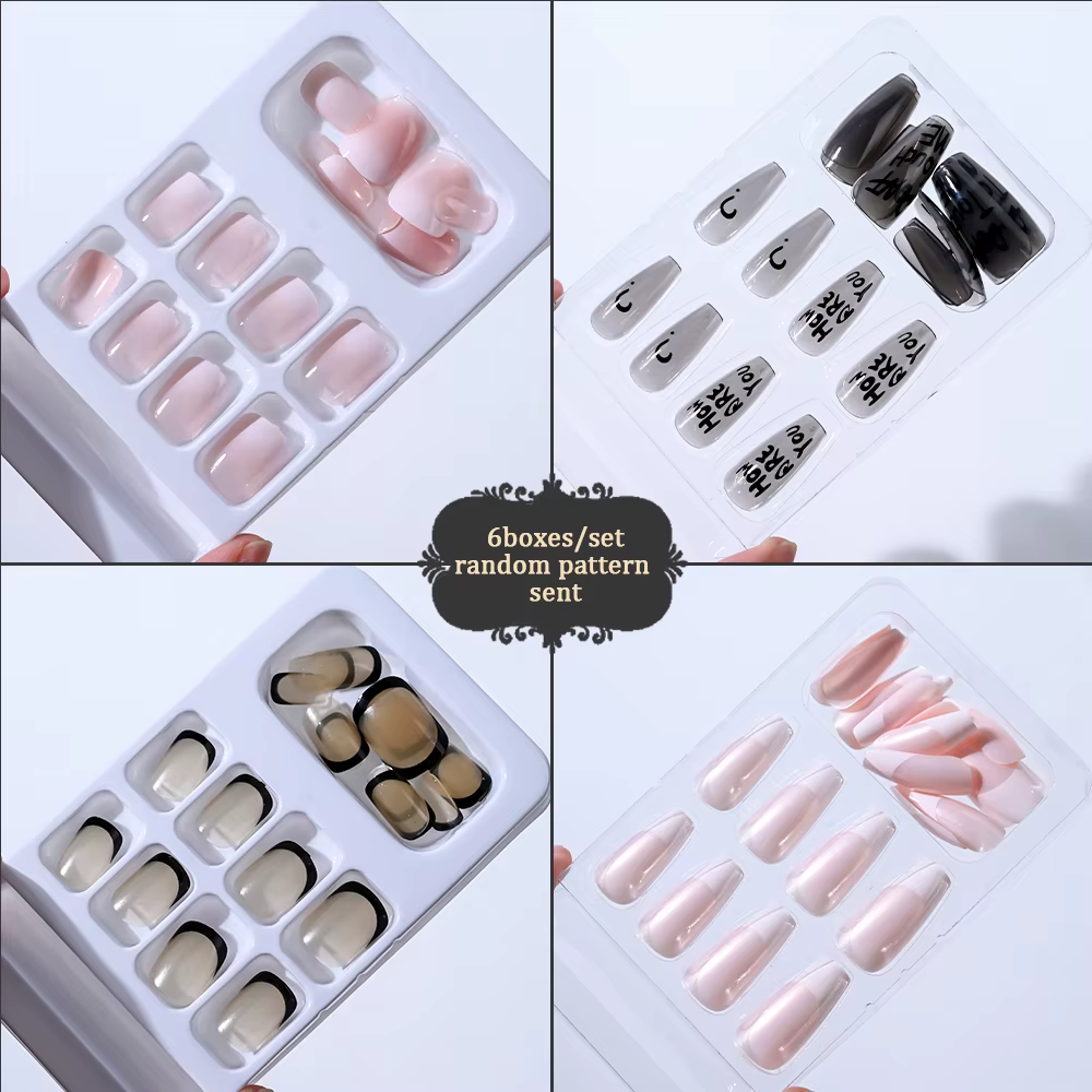 6 boîtes/144 pièces mélange aléatoire Style court rond presse sur ongles doux couverture complète dé