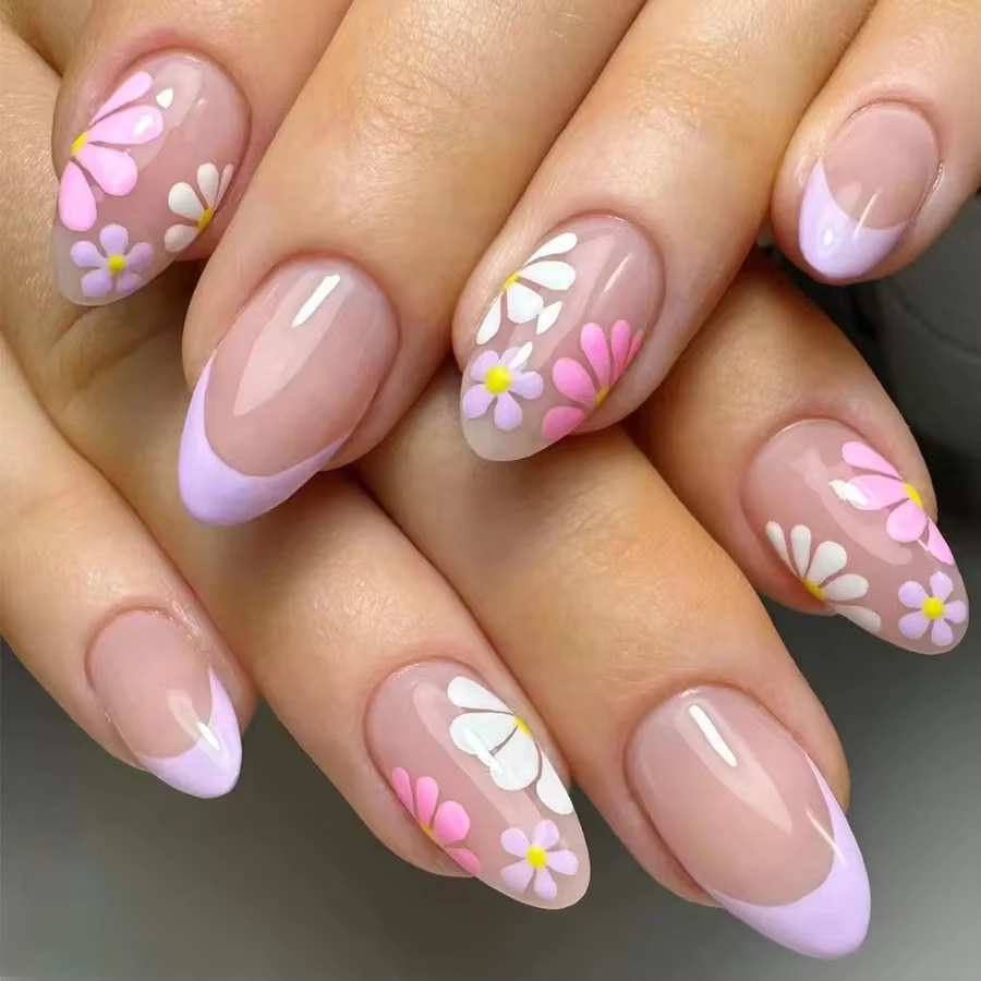 Faux ongles courts à pression en amande, 24 pièces, pointe française florale rose, brillants et élég