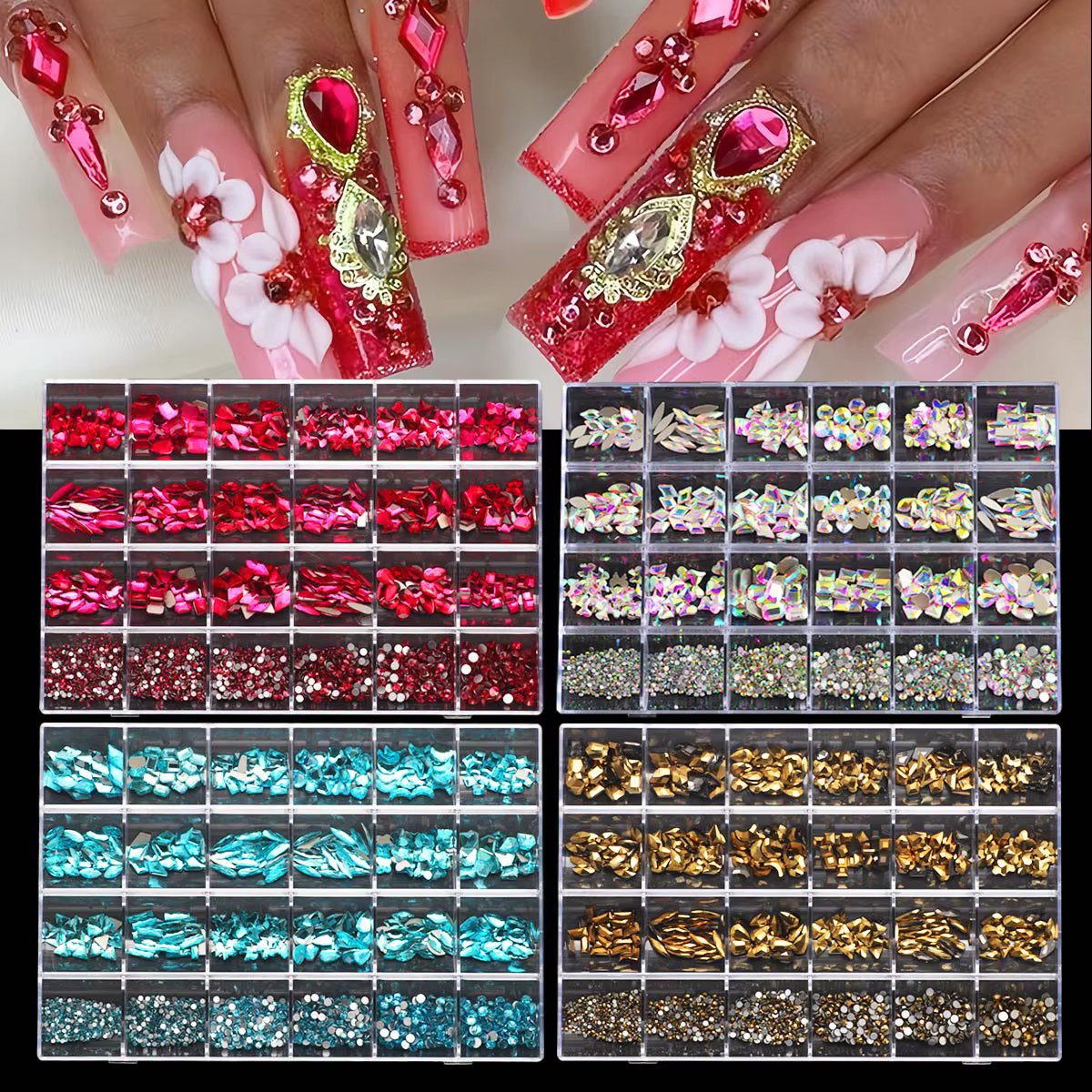 1 boîte de kits de diamants pour ongles 3D multi-formes-24 grilles de pierres précieuses en cristal