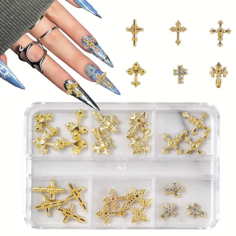 Ensemble de breloques croix pour ongles - Pierres 3D en alliage avec strass, décorations gothiques p