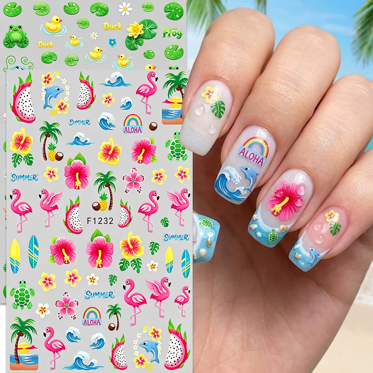 Autocollants et décalcomanies pour ongles thème Plage d'été, flamants roses, océan, étoiles de mer,
