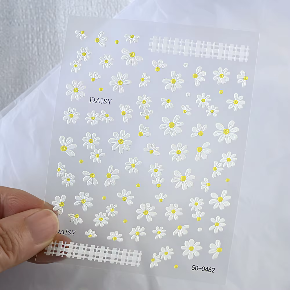 2 pièces 5D blanc marguerite Design Nail Art autocollants en relief marguerite fleur feuille verte N