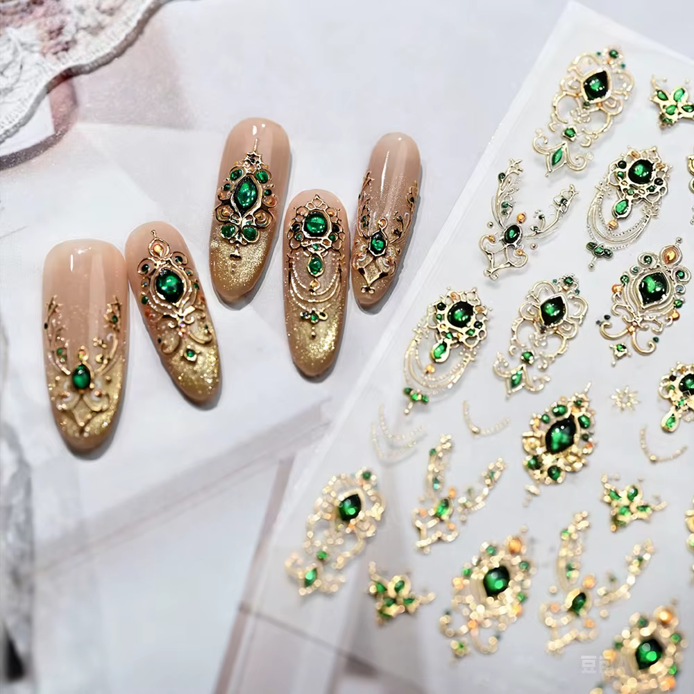 Autocollants pour ongles en pierres précieuses émeraude en relief 5D, cadre doré de luxe, fleur Baro