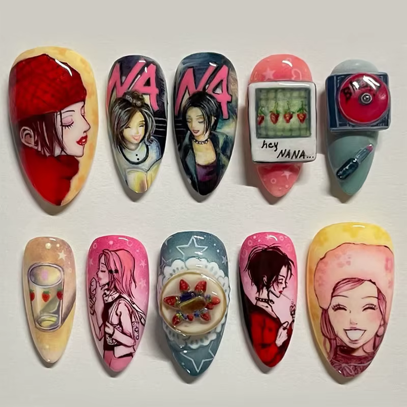 24 pièces longues amande presse sur ongles Anime modèle couverture complète ongles conseils ornement