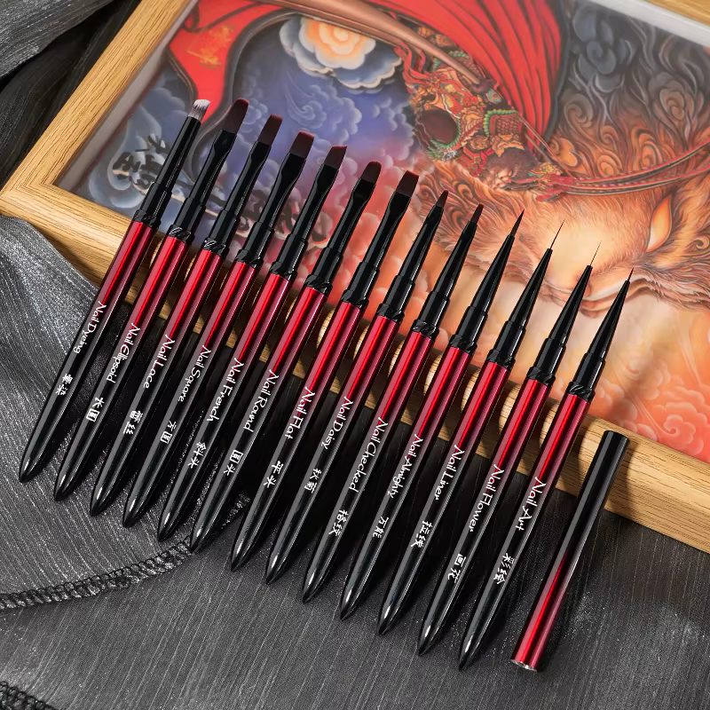 Nouveau 1/13 pièces ensemble de pinceaux pour Nail Art noir rouge poignée en métal acrylique UV Gel