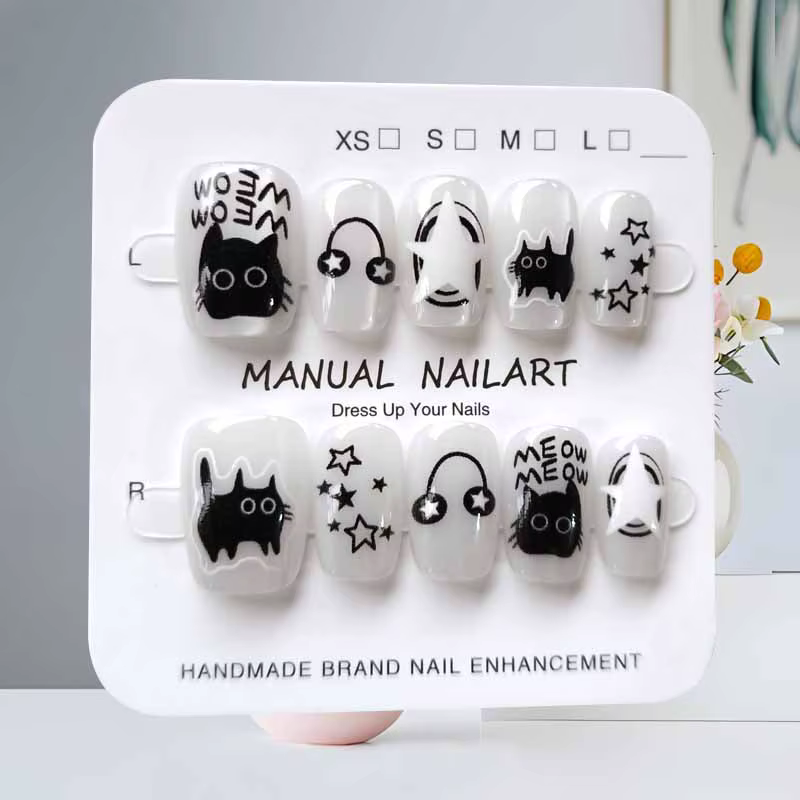 10 pièces dessin animé mignon chat noir bleu gris géométrie à la main presse sur les ongles tête car