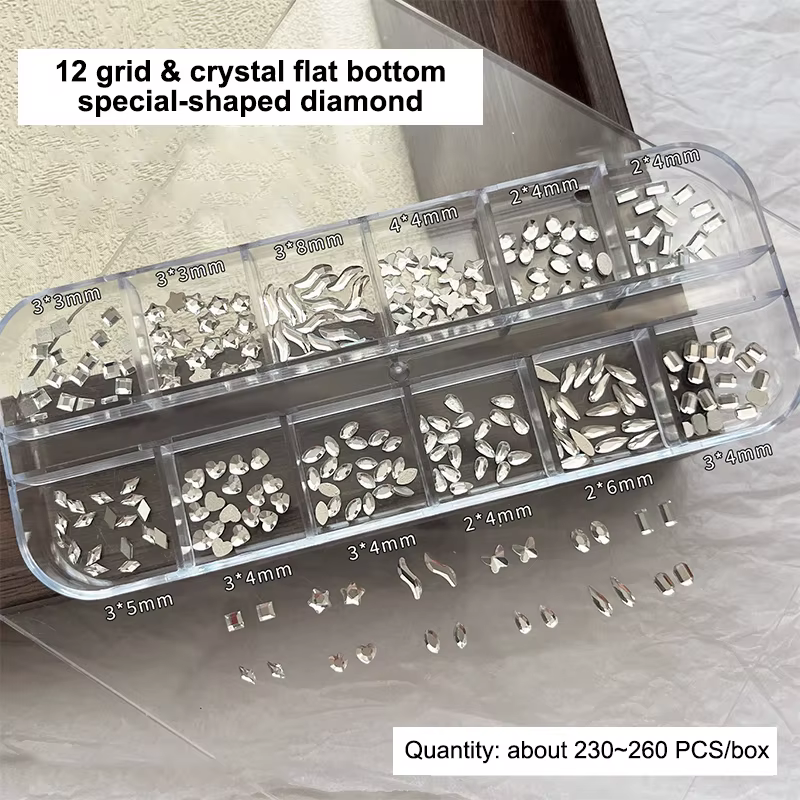 12 grilles de strass colorés de formes variées pour la décoration d'ongles, strass à dos plat de plu