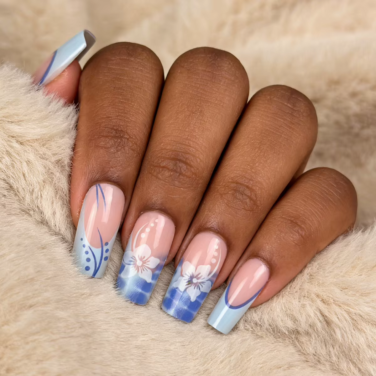 Faux ongles cercueil mi-longs, 24 pièces, pointe française blanche, ballerine à pression, imprimé fl