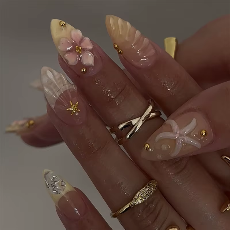Faux ongles colorés d'été en amande, 24 pièces, avec fleurs 3D, peintures de plage, à pression, couv