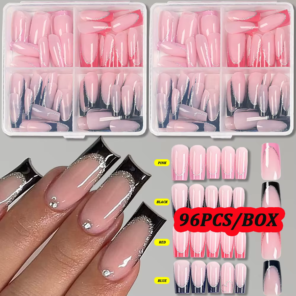96 pièces/boîte 4 couleurs faux ongles français mi cercueil noir rouge français argent paillettes co