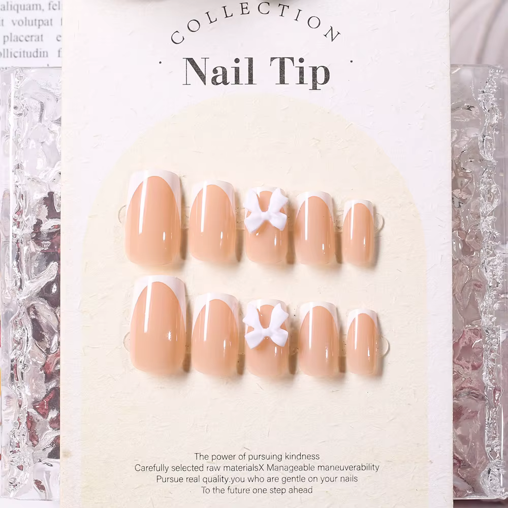 24 pièces blanc français presse sur ongles 3D arc conception couverture complète portable faux ongle
