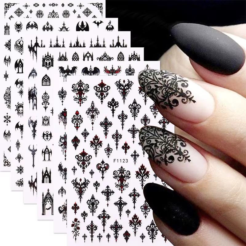 Autocollant gothique noir pour ongles, modèles élégants de mariage, feuilles adhésives effrayantes p