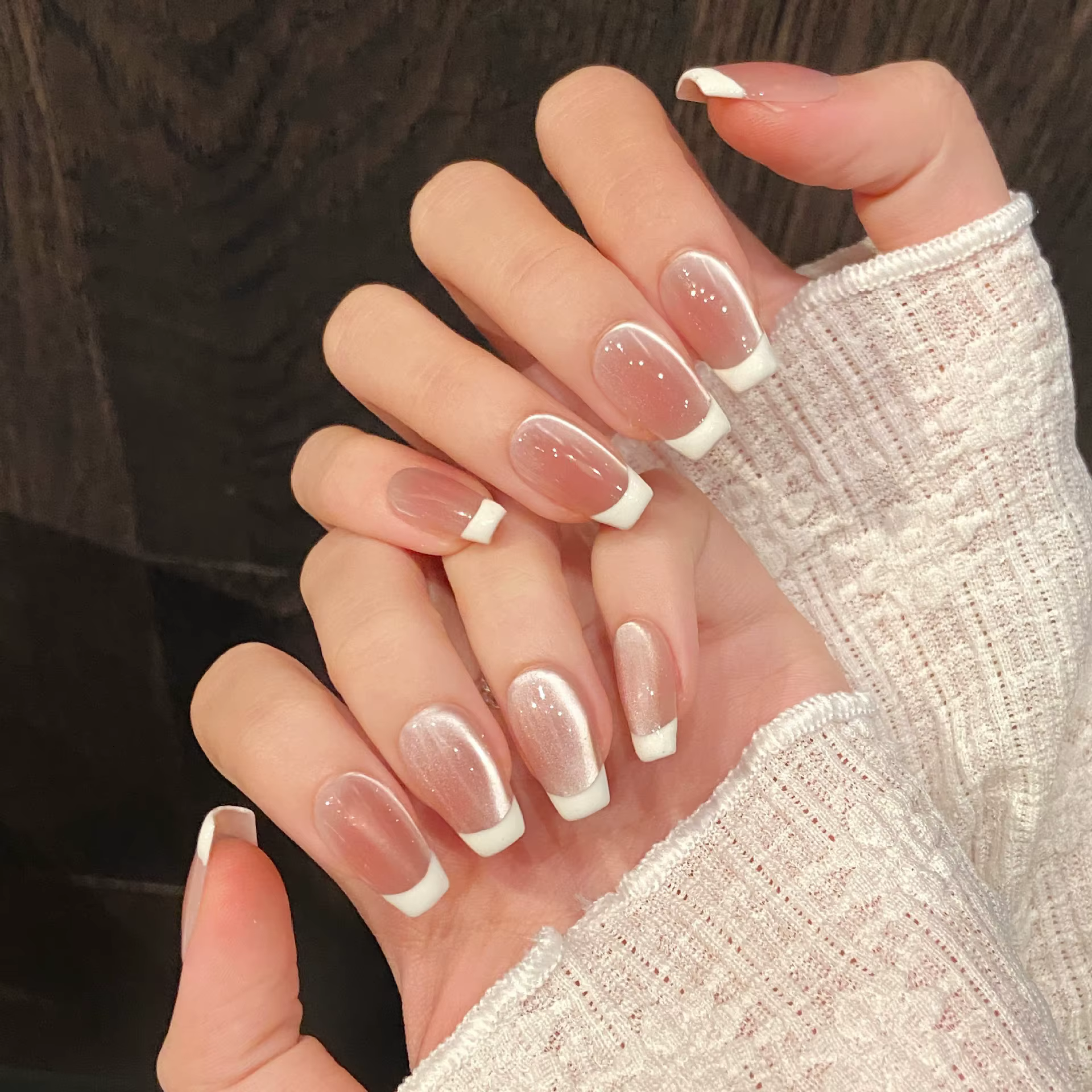 10 pièces à la main français oeil de chat presse sur les ongles Ins Simple nu rose doux fille faux o