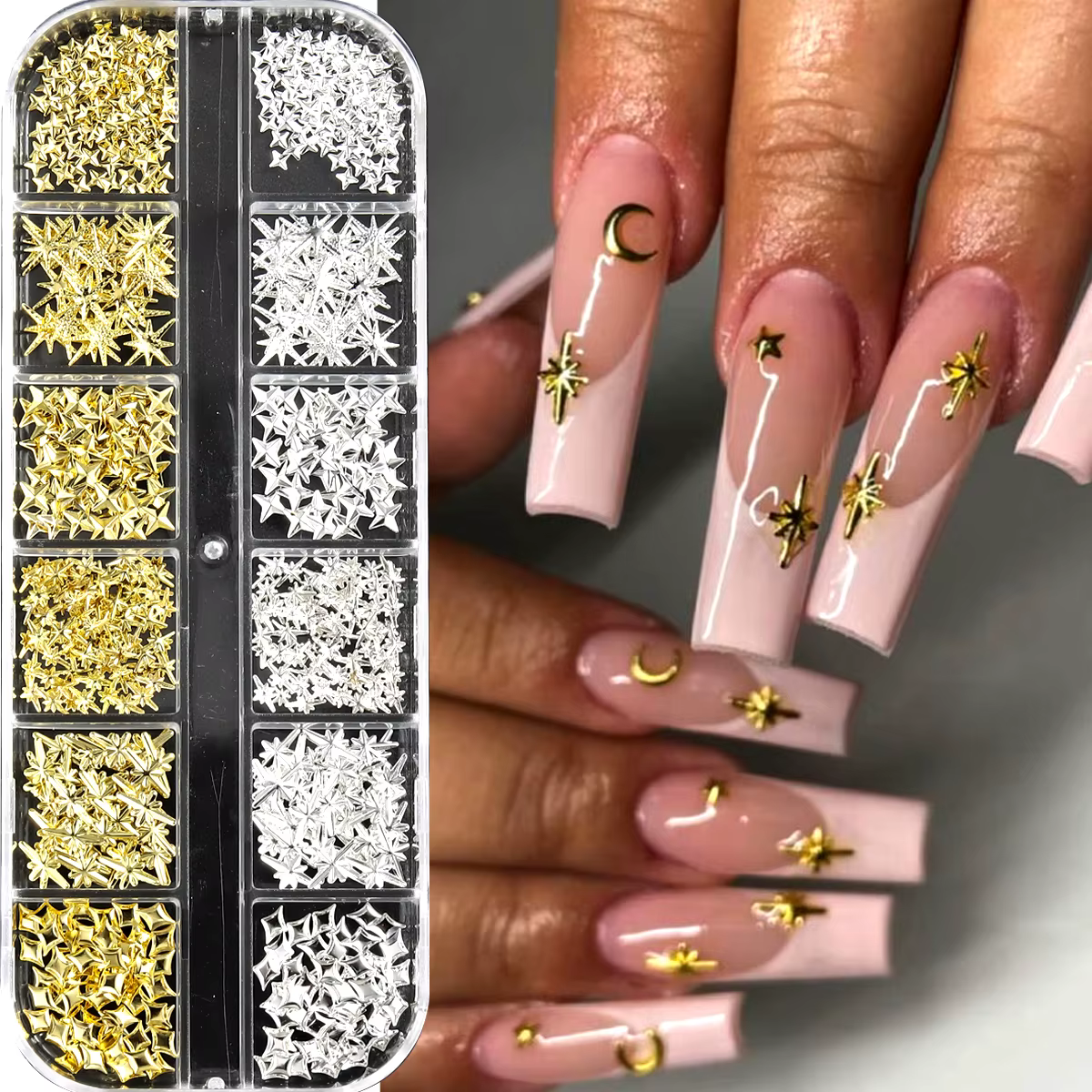 6/12 grilles or étoile lune rivet métallique 3D breloques pour ongles alliage soleil lune Starlight 