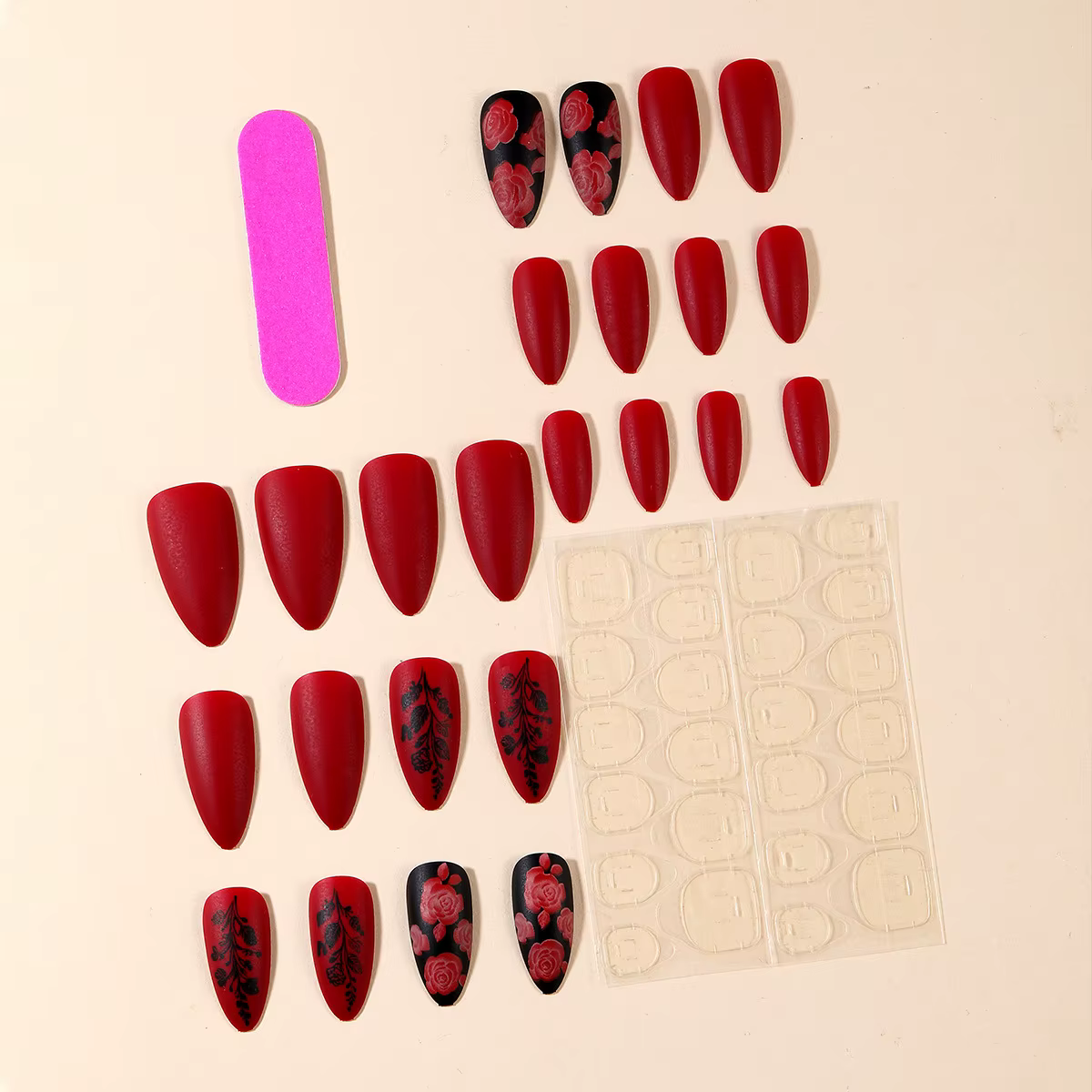 Faux ongles français en amande mate, avec colle, impression de feuilles de Rose, Nail Art, couvertur