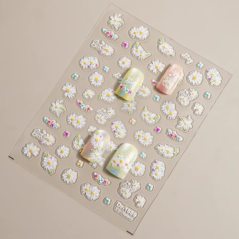 Autocollants pour ongles en forme de fleur de marguerite 3D, décorations pour ongles en relief kawai
