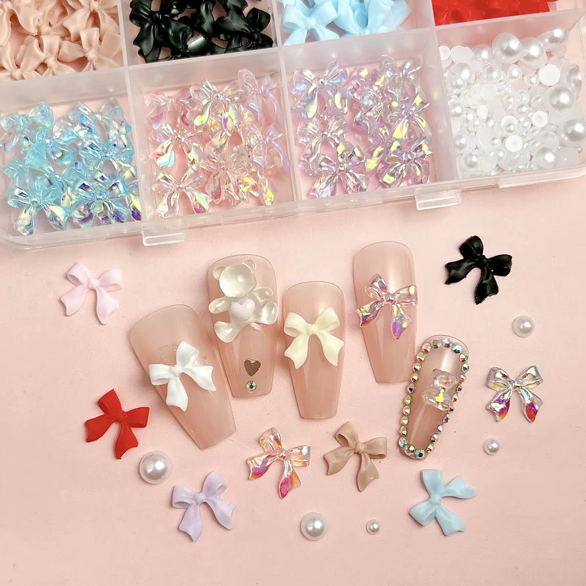 Boîte de nœuds de ruban doux 3D, plusieurs couleurs, breloques pour ongles en résine, perles artific