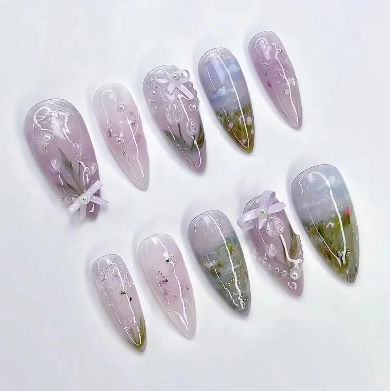24 pièces flore amande presse sur ongles avec colle Mori fille Nail Art Ballet Style Rural couvertur