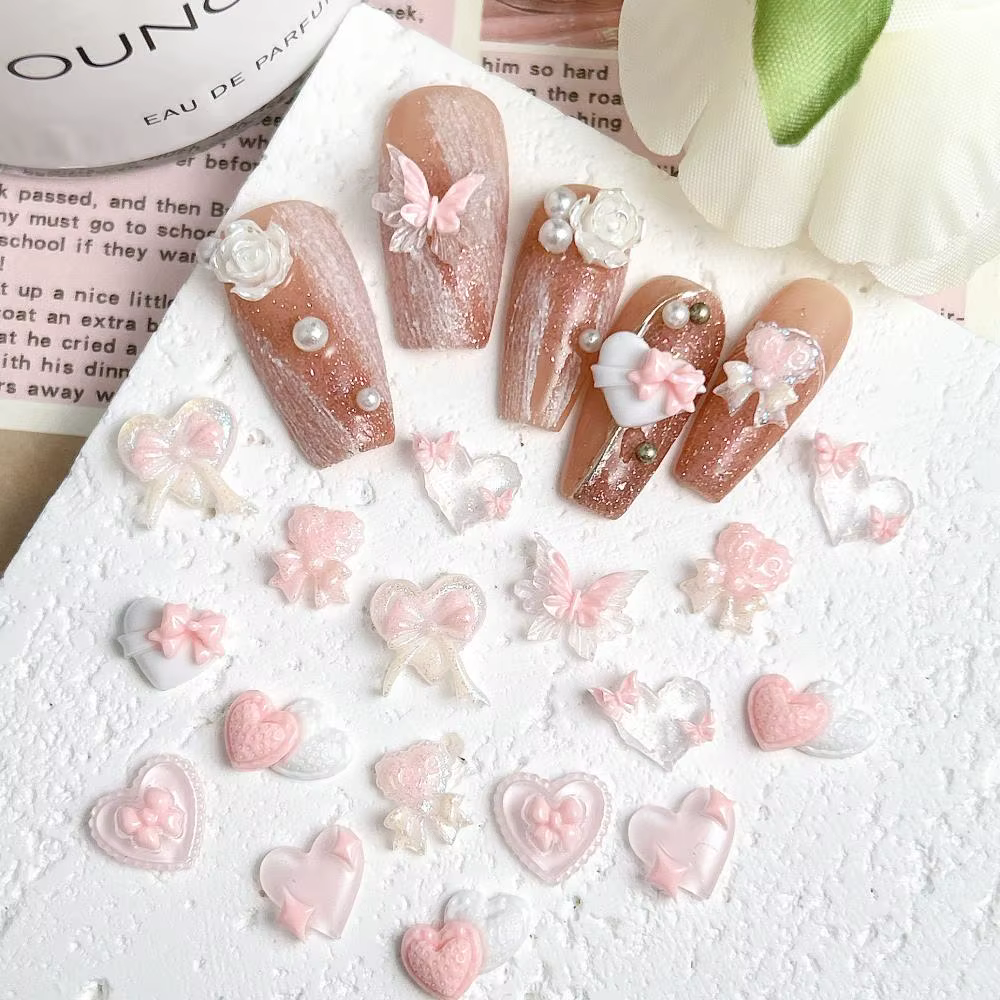 Breloques pour ongles en résine, nouvelle série rose, nœud en forme de cœur, 3D, lumineux, Double pa