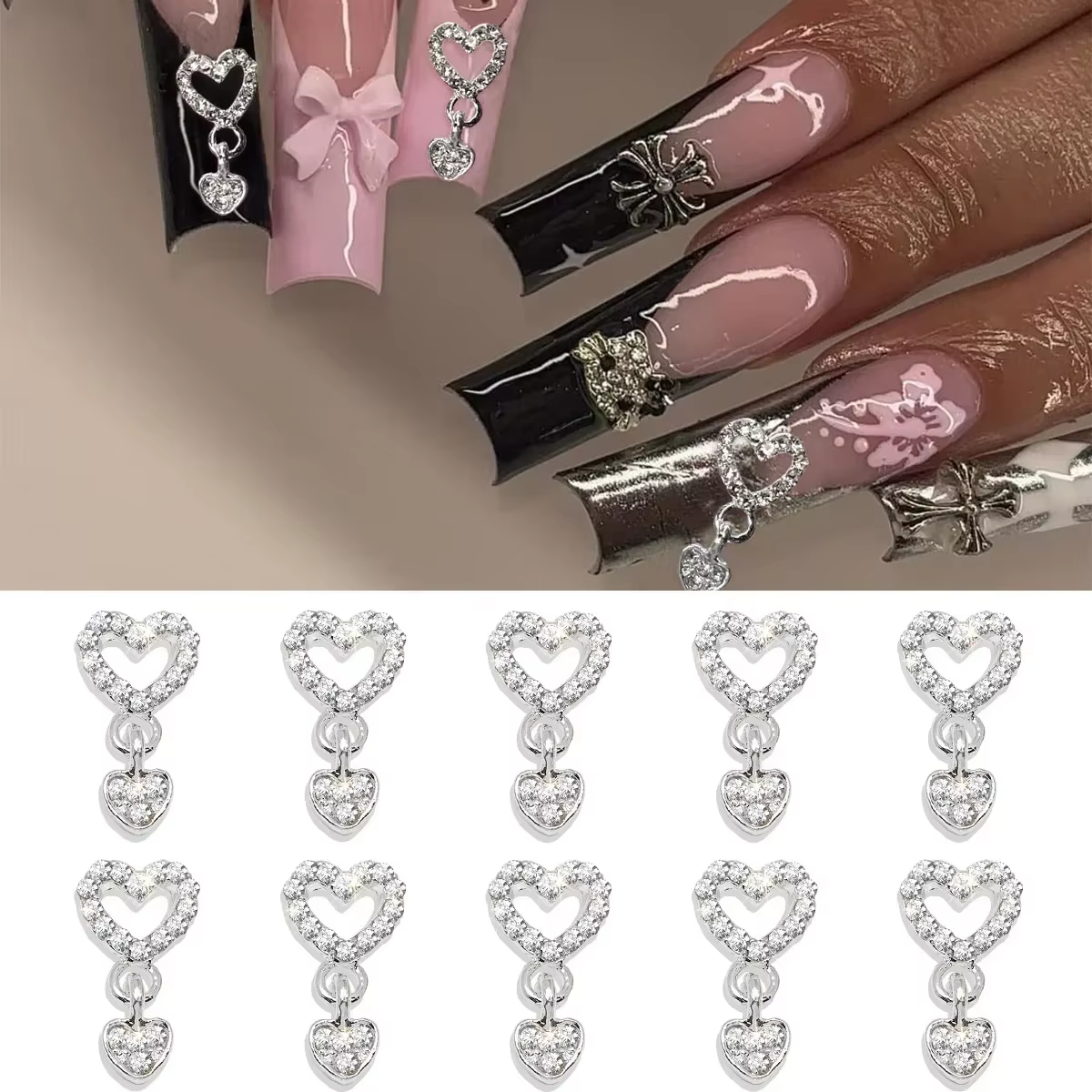 Couronne de cœur exquise 3D, strass à cinq branches, breloques pour ongles, bijoux de luxe en or/arg