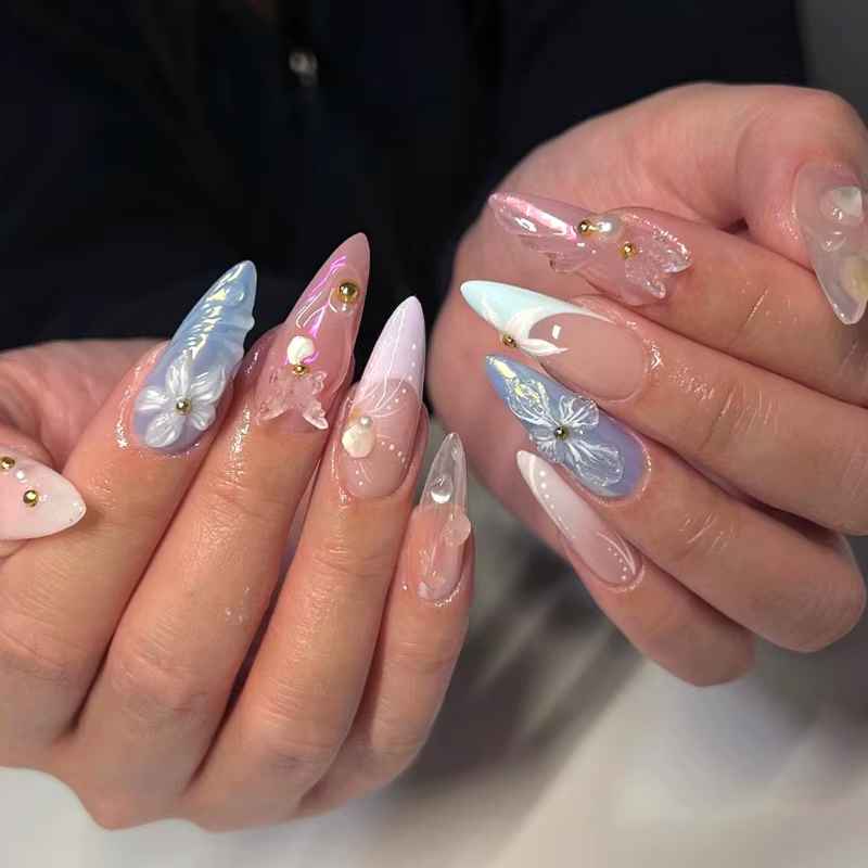 24 pièces amande faux ongles conseils été plage ongles colorés ensembles avec perle fleur conception