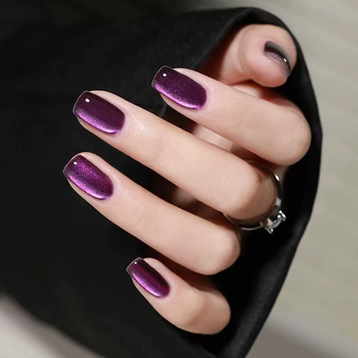 Faux ongles à pression forme carrée, effet œil de chat violet scintillant, détachables, pour femmes,