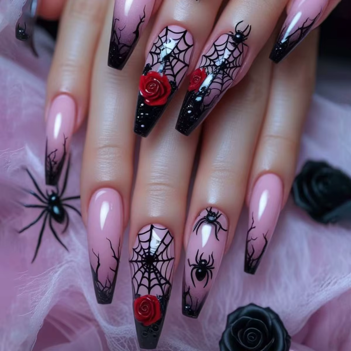 24 pièces argent araignée conception faux ongles métal lourd Halloween faux ongles conseils couvertu