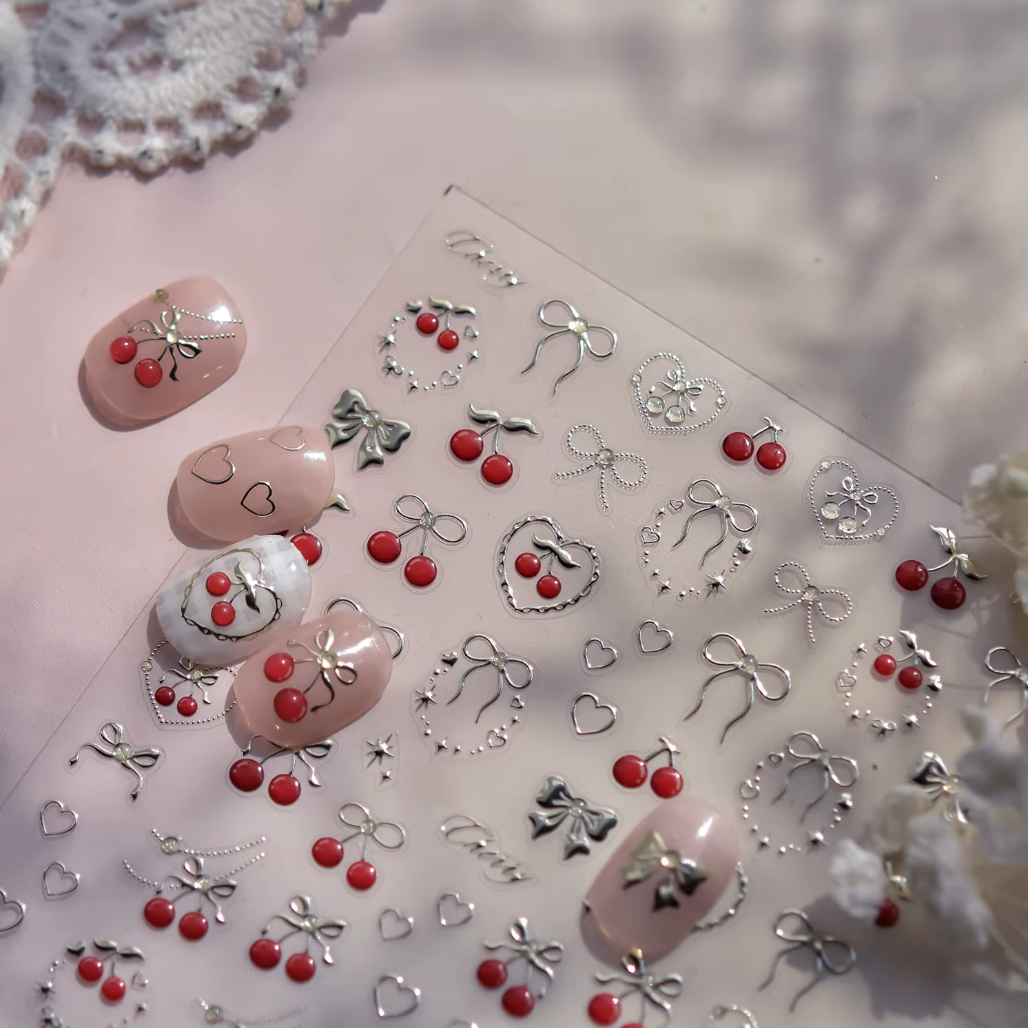 Autocollants pour ongles en métal, arc de fraise douce 5D, or, argent, fraise, cerise, décalcomanies