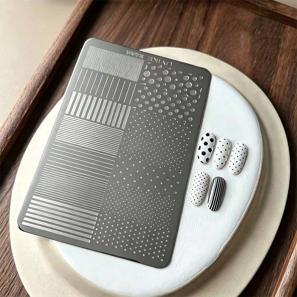 Plaque de tamponnage pour nail art en acier inoxydable, motif géométrique à pois et rayures, outil d