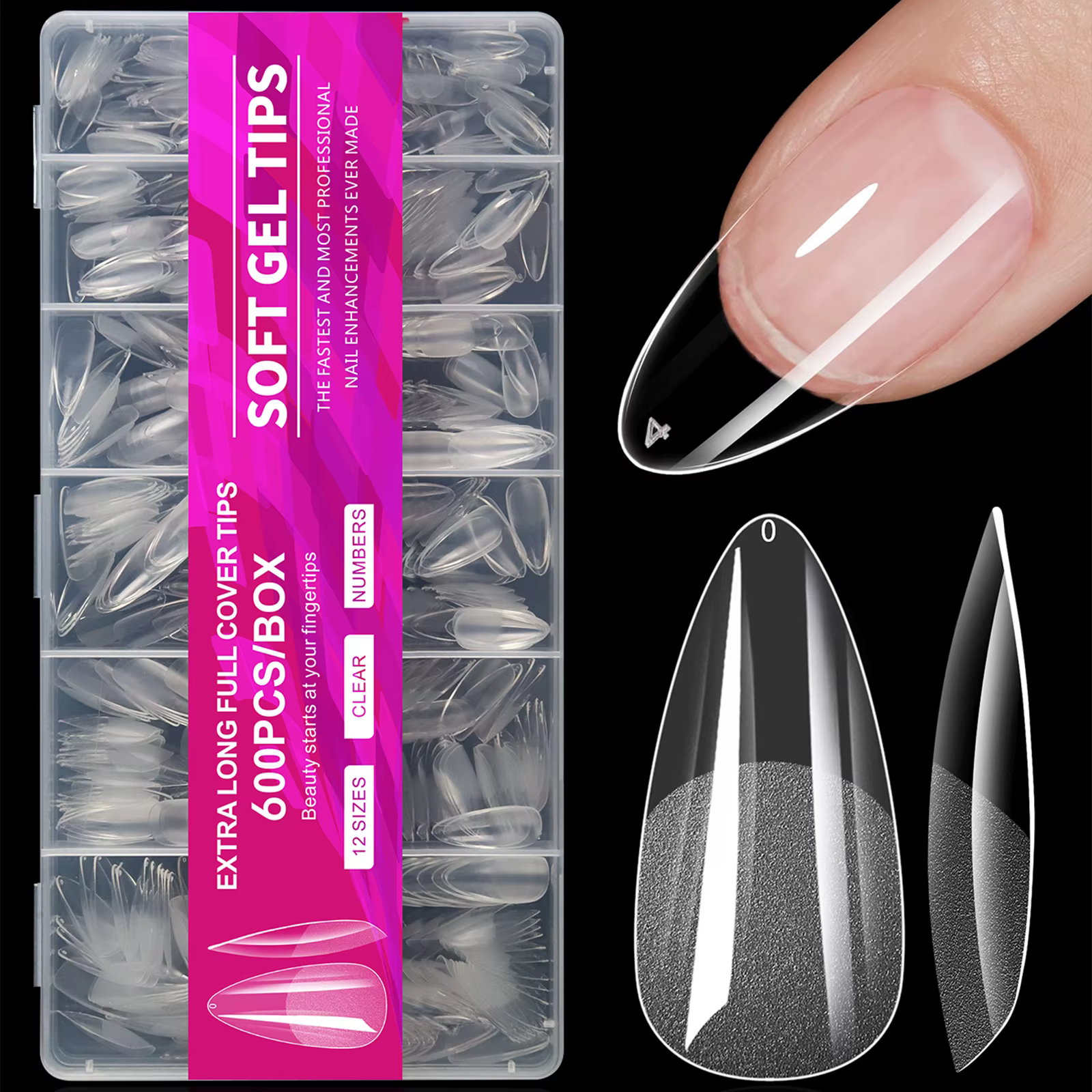 100/600 faux ongles courts en forme d'amande, en gel souple, couvrants, pour ongles en acrylique, à