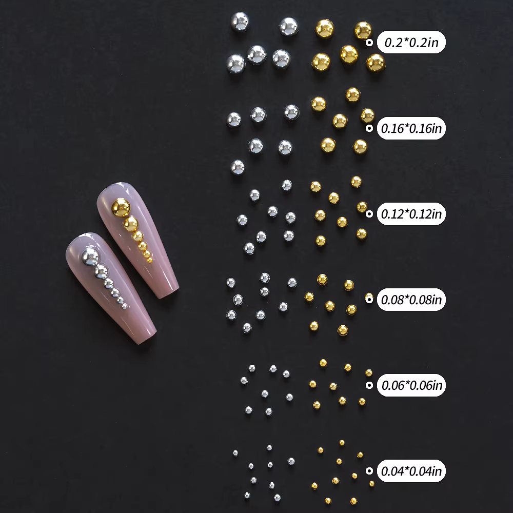 1 boîte de strass demi-ronds à dos plat pour ongles, multi-tailles, perles métalliques or et argent,