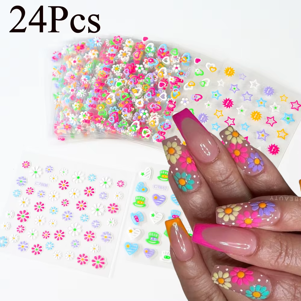 24 pièces mignon coloré fleur ongles autocollants été Kawaii papillon pétale Nail Art décalcomanies 