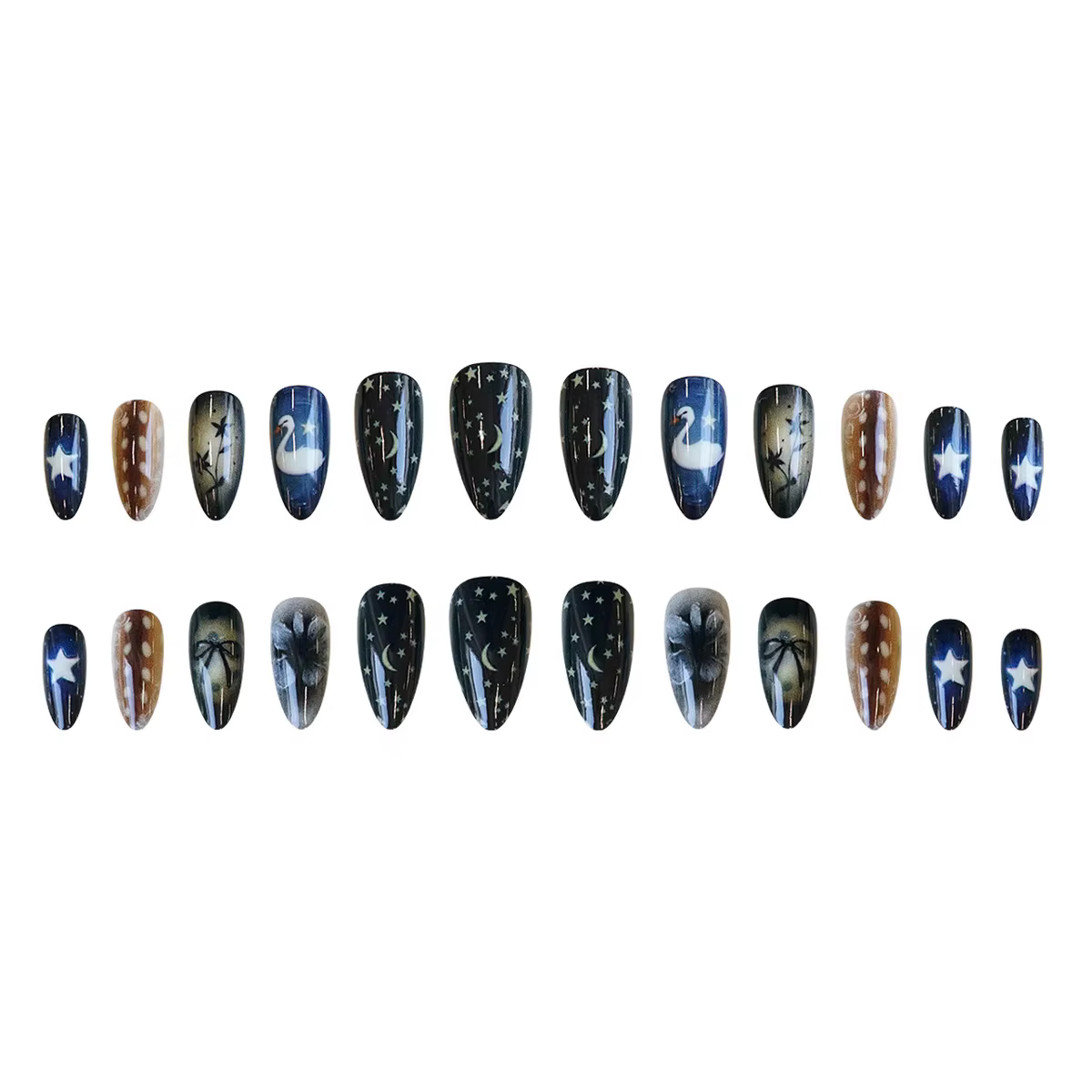 Faux ongles Style étoile lune, 24 pièces, nœuds papillon en forme de cygne blanc, motif floral impri