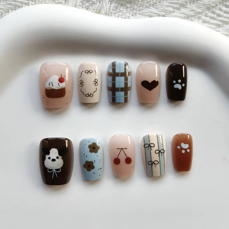 10 faux ongles à presser style coréen, motif ours mignon et nœud 3D, faits à la main, tendance INS, 