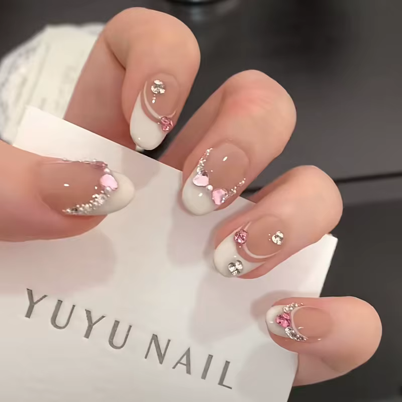 10 pièces blanc français rose coeur diamant manucure Art doux doux court ovale artificiel portant de