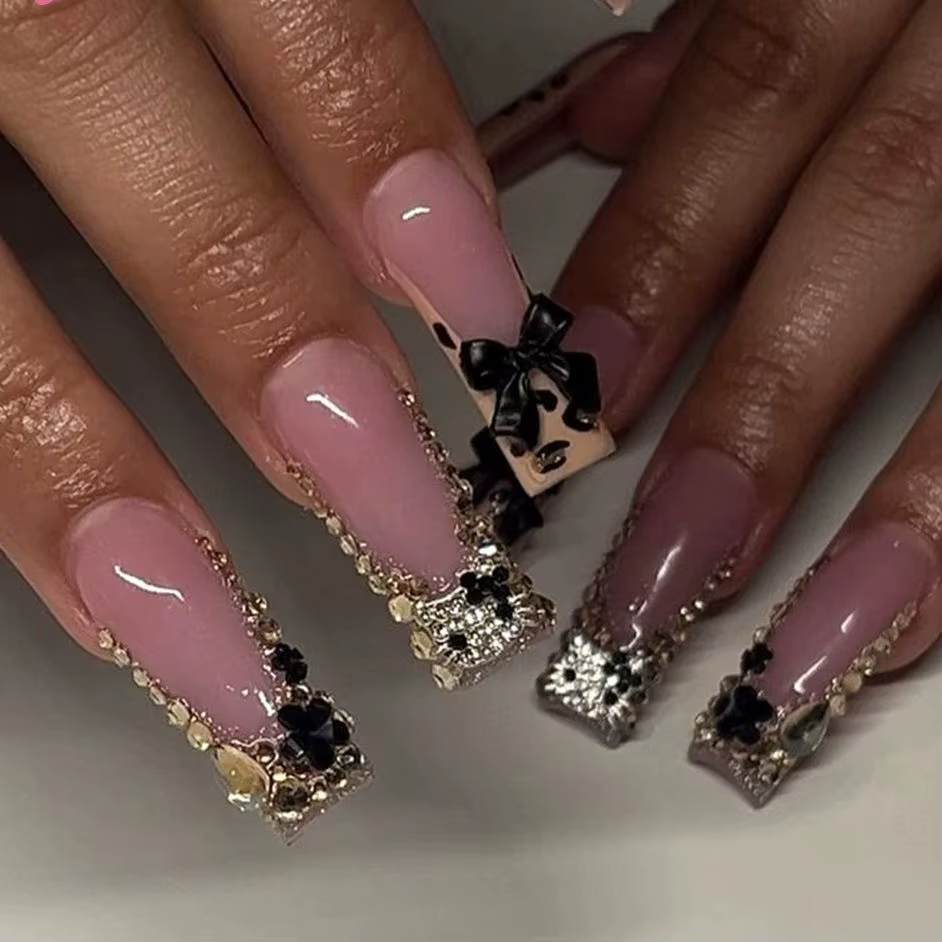 24 pièces de faux ongles longs en forme de tube, motif léopard, style French, avec nœud noir, en all