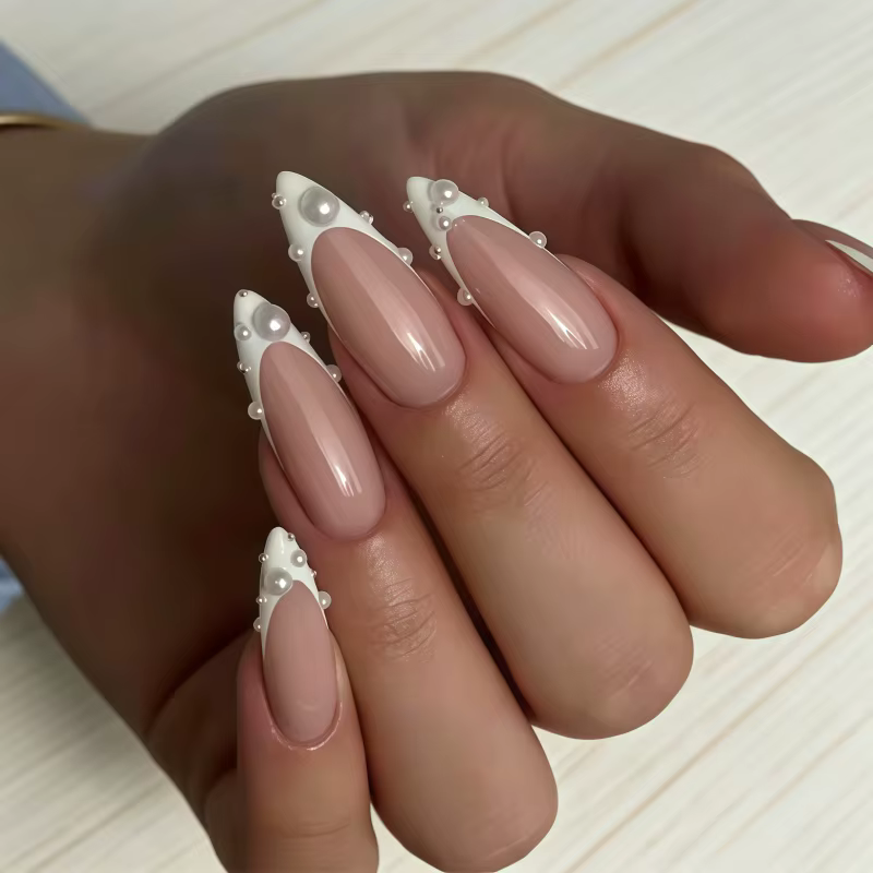 24 faux ongles longs et pointus, blanc pur et à pois blancs, style strass en forme d'étoile, doux et