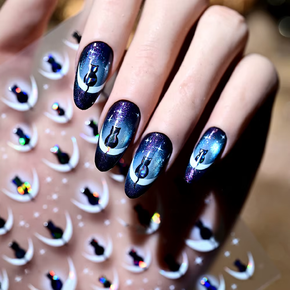 Autocollants pour ongles français chat noir dessin animé 5D, 1 pièce, décalcomanies pour ongles Kawa