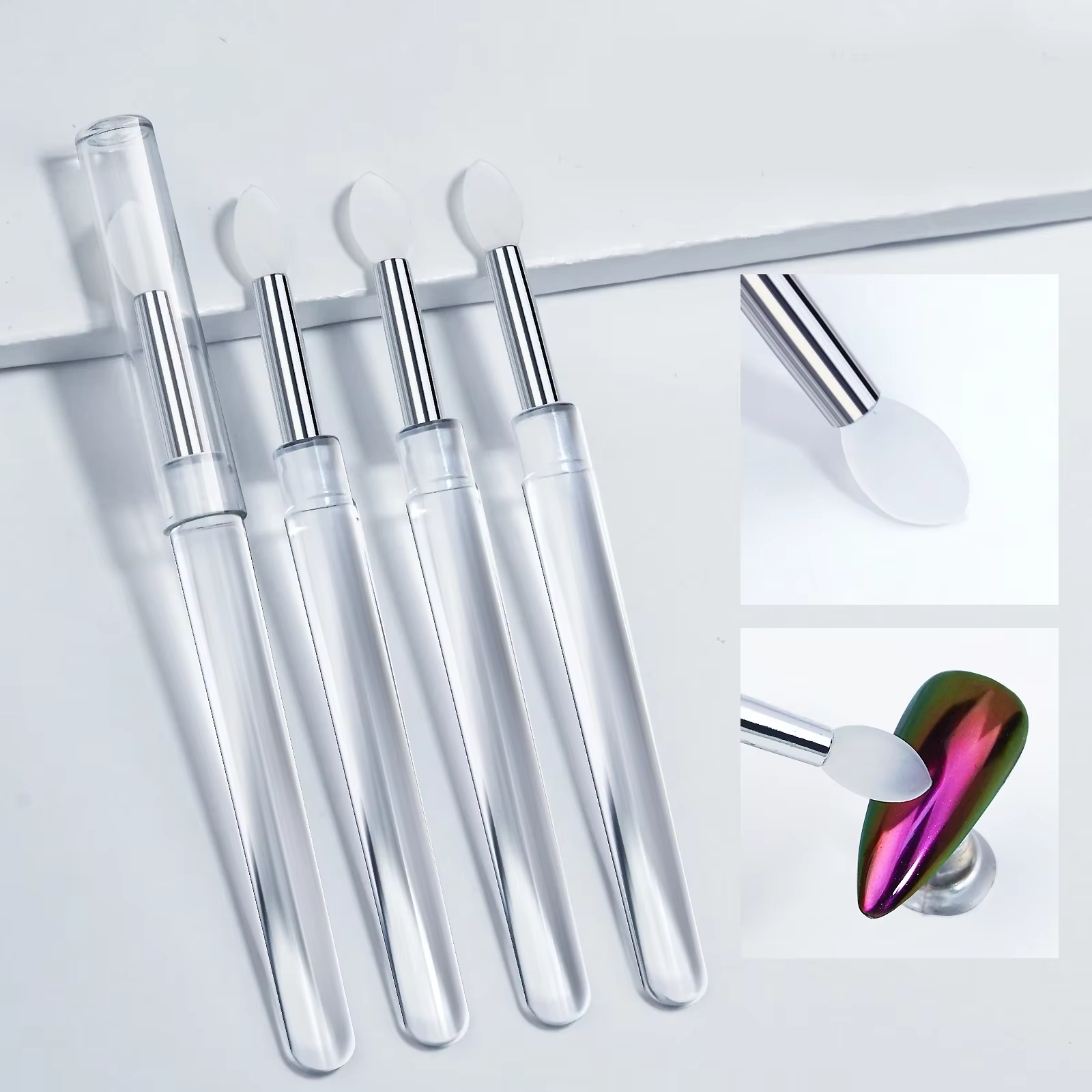 Brosse en Silicone transparente pour Nail Art, bâton applicateur de pigments chromés en poudre à pai