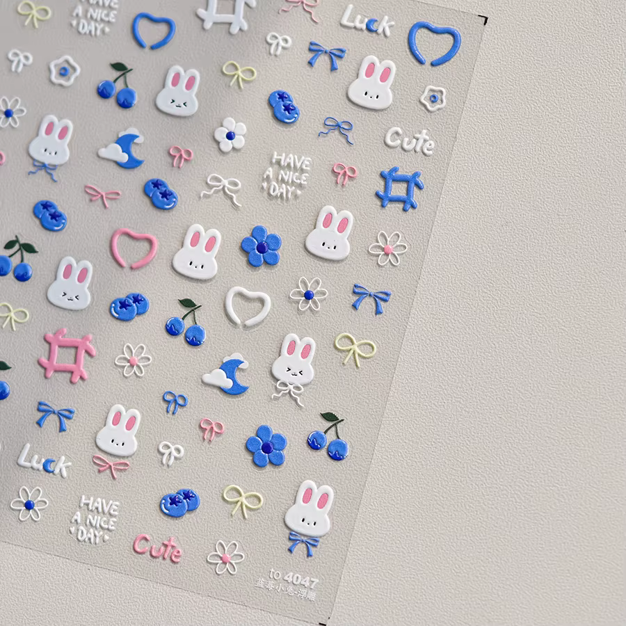 Autocollants pour ongles lapin 5D Kawaii, 1 pièce, dessin animé en relief, fleur rose bleue, adhésif