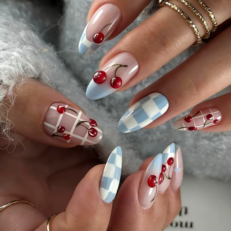 Faux ongles à presser bleus à carreaux style cerise française, longueur moyenne, style Ins, pour fem